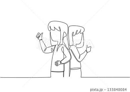 Single one line drawing two sisters turn their backs to each other and make a thumbs up gesture. Pose like a famous model. Support. Fun. Day of Brother. Continuous line design graphic illustration 133848084