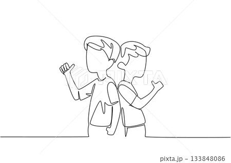 Continuous one line drawing two brothers turn their backs to each other and make a thumbs up gesture. Styled like showing arm muscles. Day of Brother. Single line draw design vector illustration 133848086
