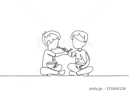 Single continuous line drawing two brothers feeding each other food. Teaching to chew food quickly. Taste the deliciousness together. Brotherhood. Day of Brother. One line design vector illustration Single continuous line drawing two brothers feeding each other food. Teaching to chew food quickly. Taste the deliciousness together. Brotherhood. Day of Brother. One line design vector illustration 133848126
