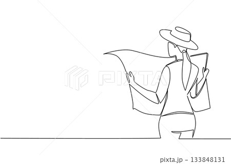 Single continuous line drawing a woman wearing a vest and cowboy hat holds and spreads a map. Searching for random items for fun. National Scavenger Hunt Day. One line design vector illustration 133848131