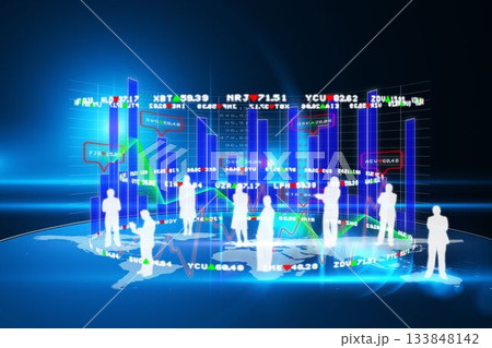 Showing professional silhouettes on glowing world map, displaying 3D holographic charts and tickers Showing professional silhouettes on glowing world map, displaying 3D holographic charts and tickers 133848142
