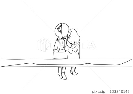 Continuous one line drawing two little sisters sits on the wood. Taking younger sibling to play outside. Seeing the expanse of green grass. Day of Brother. Single line draw design vector illustration 133848145