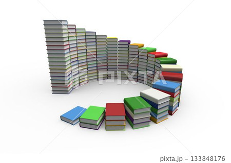 Colorful hardcover book stacks are forming semicircular arch on white background, copy space 133848176