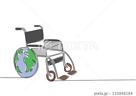 Single one line drawing wheelchair with outermost wheel position replaced with globe. A world suitable for the disabled. Global Accessibility Awareness Day. Continuous line design graphic illustration Single one line drawing wheelchair with outermost wheel position replaced with globe. A world suitable for the disabled. Global Accessibility Awareness Day. Continuous line design graphic illustration 133848184