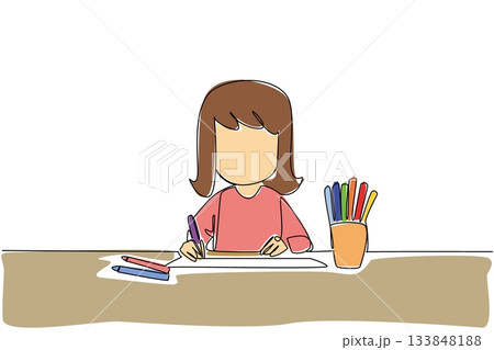 Single one line drawing a girl drawing with colored pencils and a colorful pencil case. Motor sensory lessons. Relying on creativity. Learn. Drawing Day. Continuous line design graphic illustration 133848188