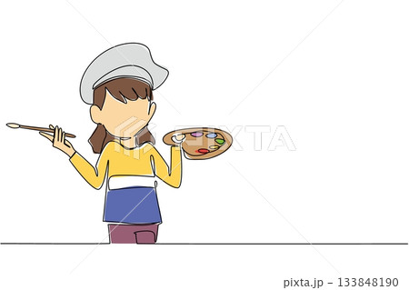 Single continuous line drawing girl wear tshirt hold colorful watercolor palette and watercolor brush with artist beret hat. Little artist. Painter. Drawing Day. One line design vector illustration Single continuous line drawing girl wear tshirt hold colorful watercolor palette and watercolor brush with artist beret hat. Little artist. Painter. Drawing Day. One line design vector illustration 133848190