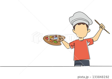 Single continuous line drawing boy wear tshirt hold colorful watercolor palette and watercolor brush with artist beret hat. Playing with imagination. Drawing Day. One line design vector illustration Single continuous line drawing boy wear tshirt hold colorful watercolor palette and watercolor brush with artist beret hat. Playing with imagination. Drawing Day. One line design vector illustration 133848192