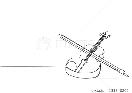 Continuous one line drawing violin with its bow. Musical instruments of various genres. Singing soothing classical music. Harmony. Sound. World Fiddle Day. Single line draw design vector illustration 133848202