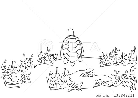Single one line drawing turtle sitting on coral reef. Environmental degradation. Loss of natural habitats. Real extinction. National Endangered Species Day. Continuous line design graphic illustration 133848211