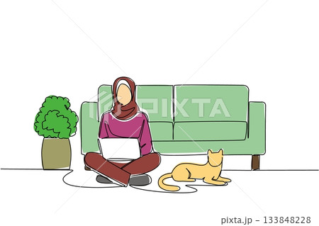 Single continuous line drawing arab woman sitting cross legged on floor with laptop on lap and cat lying down. Creating a sales flow. National Work From Home Day. One line design vector illustration 133848228