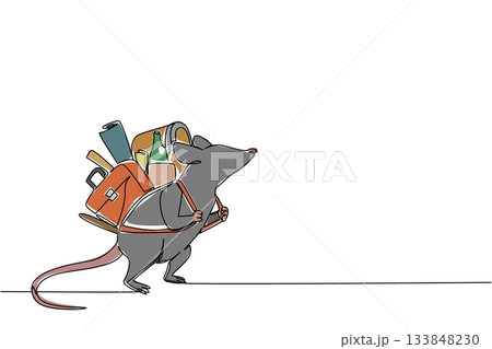Single continuous line drawing rats walking carrying various items. Throw away things that are no longer used. Environment getting healthier. National Pack Rat Day. One line design vector illustration Single continuous line drawing rats walking carrying various items. Throw away things that are no longer used. Environment getting healthier. National Pack Rat Day. One line design vector illustration 133848230