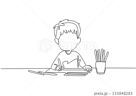 Continuous one line drawing a boy drawing with colored pencils and colorful pencil case. The first subject is coloring. Train the imagination. Drawing Day. Single line draw design vector illustration 133848283