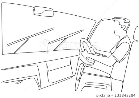 Continuous one line drawing a young man driving a car and turning on the wipers. Driving in bad weather. Must stay focused. National Check Your Wipers Day. Single line draw design vector illustration 133848284
