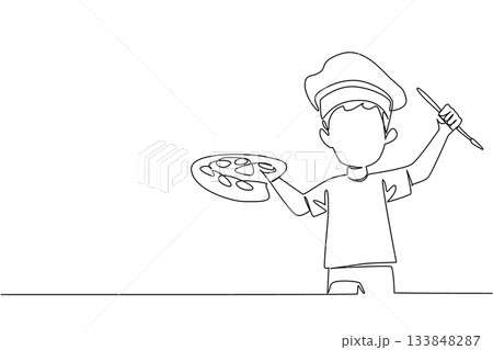 Single continuous line drawing boy wear tshirt hold colorful watercolor palette and watercolor brush with artist beret hat. Playing with imagination. Drawing Day. One line design vector illustration 133848287