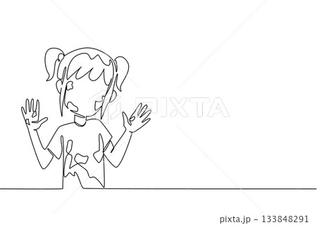 Single continuous line drawing a girl wear tshirt shows her hands and face which are full of scribbles. Dirty becomes a good thing. Creative. Happy. Drawing Day. One line design vector illustration 133848291