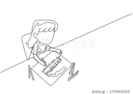 Continuous one line drawing a girl drawing a train and colorful pencils scattered around. Imagination with anti traffic jam vehicles. Learn. Drawing Day. Single line draw design vector illustration Continuous one line drawing a girl drawing a train and colorful pencils scattered around. Imagination with anti traffic jam vehicles. Learn. Drawing Day. Single line draw design vector illustration 133848293