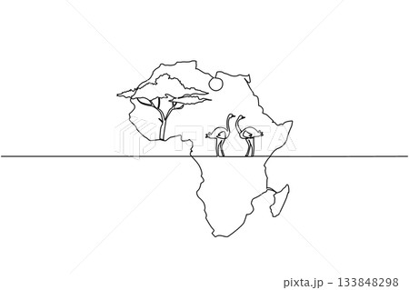 Single continuous line drawing the African continent with 2 ostriches in the middle, the sun and a big tree. The natural habitat of the ostrich. Global Africa Day. One line design vector illustration 133848298