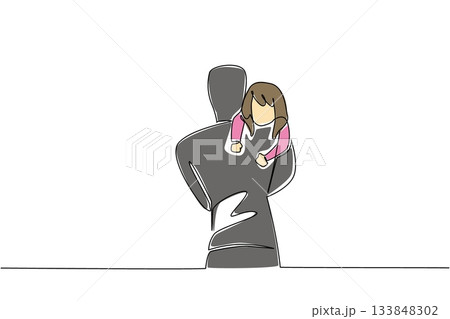 Single continuous line drawing a man carrying a struggling girl. Rebelling in the hope of escaping. Increase awareness. Abduction. National Missing of Children Day. One line design vector illustration 133848302