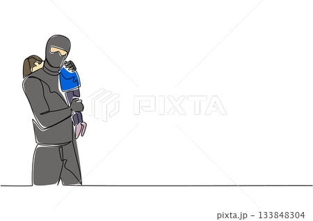 Continuous one line drawing a masked man carrying a girl. Tighten supervision of children. Crime is increasing. Abduction. National Missing of Children Day. Single line draw design vector illustration Continuous one line drawing a masked man carrying a girl. Tighten supervision of children. Crime is increasing. Abduction. National Missing of Children Day. Single line draw design vector illustration 133848304