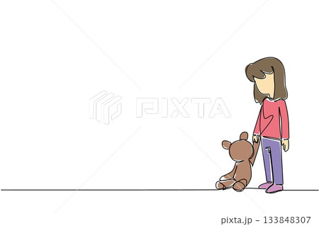Continuous one line drawing a girl standing and looking down dejectedly holding a teddy bear. Leaving deep trauma. Abuse. National Missing of Children Day. Single line draw design vector illustration 133848307