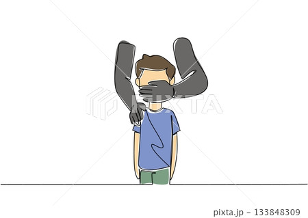 Single one line drawing mouth of a boy covered by an adult from behind. Child kidnapping. Body organs will be sold. Crime. National Missing of Children Day. Continuous line design graphic illustration 133848309
