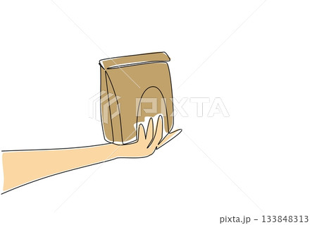 Continuous one line drawing hand holding brown paper bag with the top folded. Eco friendly packaging for food. Environmental care National Brown Bag It Day. Single line draw design vector illustration Continuous one line drawing hand holding brown paper bag with the top folded. Eco friendly packaging for food. Environmental care National Brown Bag It Day. Single line draw design vector illustration 133848313