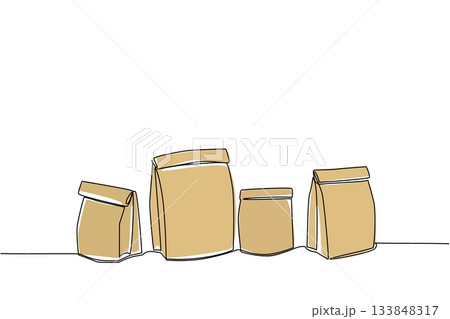 Single one line drawing several brown paper bags in various sizes. Various sizes for various types. Eco friendly. Recycle. Reuse. National Brown Bag It Day. Continuous line design graphic illustration 133848317