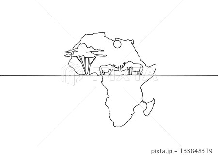 Continuous one line drawing African continent with central part containing 2 rhinoceros, the sun and a big tree. Good ecosystem. Habitat. Global Africa Day. Single line draw design vector illustration 133848319