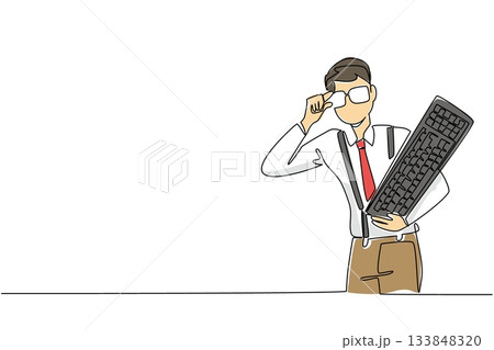 Single continuous line drawing a man wearing a long sleeved shirt with suspender holding a computer keyboard. Inspiration keyboard. Idea. Innovation Geek Pride Day. One line design vector illustration Single continuous line drawing a man wearing a long sleeved shirt with suspender holding a computer keyboard. Inspiration keyboard. Idea. Innovation Geek Pride Day. One line design vector illustration 133848320