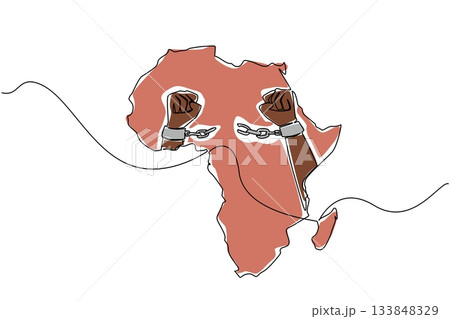 Single one line drawing African continent with two clenched fists and handcuffs broken in middle of continent. Freedom from slavery. African Liberation Day. Continuous line design graphic illustration 133848329