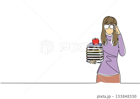 Continuous one line drawing woman dressed as a nerd, holding a stack of books and holding glasses. One day many books. Healthy lifestyles. Geek Pride Day. Single line draw design vector illustration Continuous one line drawing woman dressed as a nerd, holding a stack of books and holding glasses. One day many books. Healthy lifestyles. Geek Pride Day. Single line draw design vector illustration 133848330
