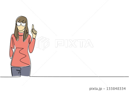 Single continuous line drawing the woman dressed as a nerd, raised one of her index fingers. Get creative ideas from the silliest. Innovation. Geek Pride Day. One line design vector illustration 133848334