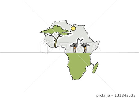Single continuous line drawing the African continent with 2 ostriches in the middle, the sun and a big tree. The natural habitat of the ostrich. Global Africa Day. One line design vector illustration 133848335