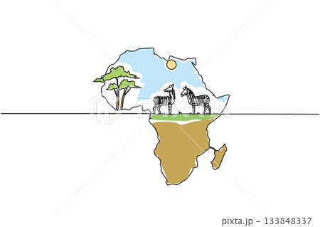 Single one line drawing the African continent with 2 zebras, the sun and a big tree in the middle. African animals with striped skin. Global Africa Day. Continuous line design graphic illustration 133848337