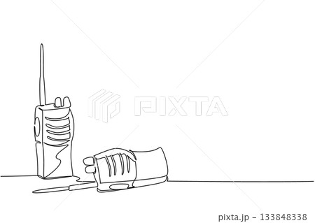 Single continuous line drawing 2 walkie talkies, one standing, the other lying down. Two way wireless communication. Tech. Amateur Radio Military Appreciation Day. One line design vector illustration 133848338