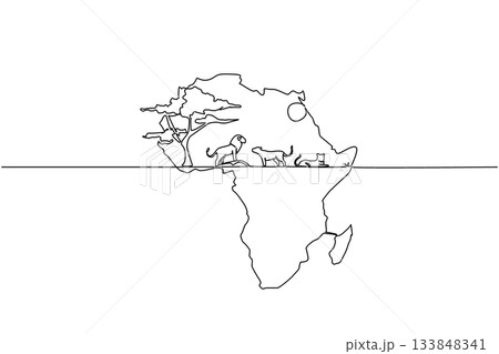 Single continuous line drawing African continent with male lion and 2 female lions, sun and big tree. Maintaining the balance of the ecosystem. Global Africa Day. One line design vector illustration Single continuous line drawing African continent with male lion and 2 female lions, sun and big tree. Maintaining the balance of the ecosystem. Global Africa Day. One line design vector illustration 133848341