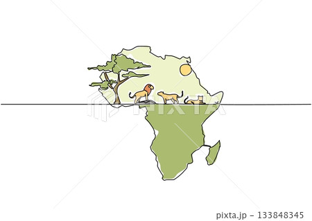 Single continuous line drawing African continent with male lion and 2 female lions, sun and big tree. Maintaining the balance of the ecosystem. Global Africa Day. One line design vector illustration Single continuous line drawing African continent with male lion and 2 female lions, sun and big tree. Maintaining the balance of the ecosystem. Global Africa Day. One line design vector illustration 133848345