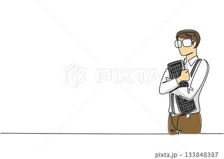 Single one line drawing a man wear long sleeved shirt with suspender hugging a computer keyboard. Hug tightly to get creative ideas. Think. Geek Pride Day. Continuous line design graphic illustration 133848387