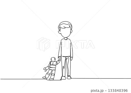 Single one line drawing a boy stands and looks down dejectedly holding a robot. Failed human trafficking. Trauma. Abuse. National Missing of Children Day. Continuous line design graphic illustration 133848396