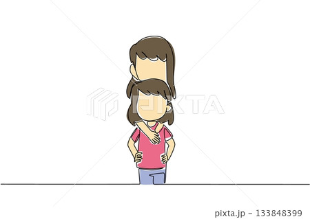 Single continuous line drawing older sister hugs body of younger sister from behind. Favorite pose when taking photo with his beloved little sister. Day of Brother. One line design vector illustration 133848399