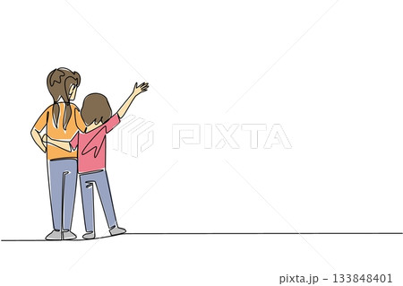 Single one line drawing rear view, two little sisters standing embracing each other. Always get along wherever. The protector. Loving. Day of Brother. Continuous line design graphic illustration Single one line drawing rear view, two little sisters standing embracing each other. Always get along wherever. The protector. Loving. Day of Brother. Continuous line design graphic illustration 133848401
