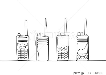 Single one line drawing several handie talkies placed in a row. Four different types with the same function. Device Amateur Radio Military Appreciation Day. Continuous line design graphic illustration 133848405