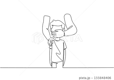 Single one line drawing mouth of a boy covered by an adult from behind. Child kidnapping. Body organs will be sold. Crime. National Missing of Children Day. Continuous line design graphic illustration Single one line drawing mouth of a boy covered by an adult from behind. Child kidnapping. Body organs will be sold. Crime. National Missing of Children Day. Continuous line design graphic illustration 133848406