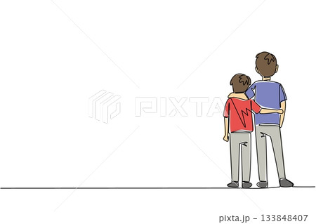 Single continuous line drawing rear view, two brothers standing embracing each other. Posing compactly in the open air. Childhood memory photo. Day of Brother. One line design vector illustration Single continuous line drawing rear view, two brothers standing embracing each other. Posing compactly in the open air. Childhood memory photo. Day of Brother. One line design vector illustration 133848407