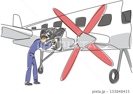 Continuous one line drawing aircraft technician dismantles aircraft propeller engine. Regular maintenance before flying Aviation Maintenance Technician Day. Single line draw design vector illustration 133848415