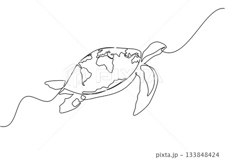 Continuous one line drawing side view, turtle with world map shell swimming. Cute animals that can be kept as pets but are endangered. World Turtle Day. Single line draw design vector illustration Continuous one line drawing side view, turtle with world map shell swimming. Cute animals that can be kept as pets but are endangered. World Turtle Day. Single line draw design vector illustration 133848424