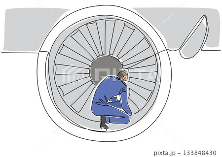 Single continuous line drawing an aircraft technician is on board checking the aircraft engine. Fixing the obstacles. Repairman Aviation Maintenance Technician Day. One line design vector illustration 133848430