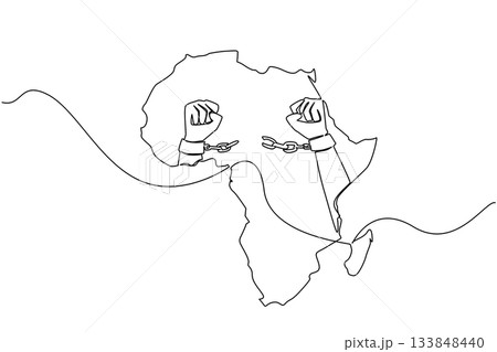 Single one line drawing African continent with two clenched fists and handcuffs broken in middle of continent. Freedom from slavery. African Liberation Day. Continuous line design graphic illustration 133848440