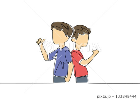 Continuous one line drawing two brothers turn their backs to each other and make a thumbs up gesture. Styled like showing arm muscles. Day of Brother. Single line draw design vector illustration 133848444