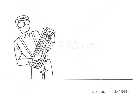 Single one line drawing a man wearing a long sleeved shirt with suspender holding a computer keyboard like playing guitar. Video game guitar Geek Pride Day. Continuous line design graphic illustration 133848445